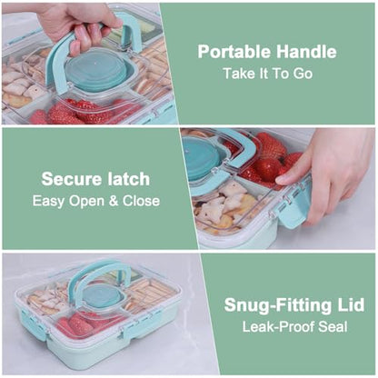 Large Snackle Box Container with Dip Container, 5 Compartments Snack Container with Lid and Handle, Veggie Fruit Divided Serving Tray for Party, Picnic, Dishwasher Safe, BPA-Free - color: Green