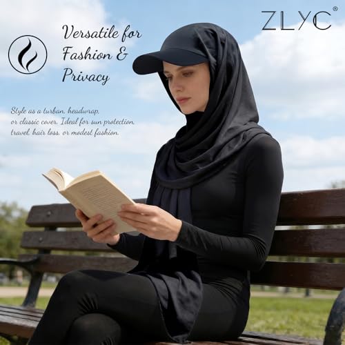 ZLYC Women Muslim Hijab Scarf with Visor Built-in Undercap Sun Protection Headwrap - color: Solid Black