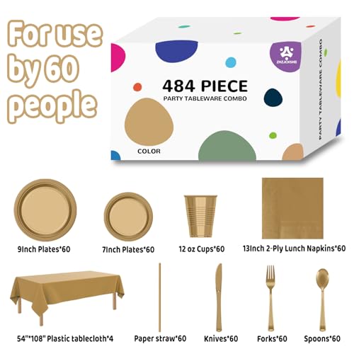 484 Pcs Plastic Dinnerware Set Includes 60 Of Each 9" Dinner Plates |7" Dessert Plates|12 oz Plastic Cups | Napkins|Straws|Spoons, Forks & Knives (Gold, 60 Guests)