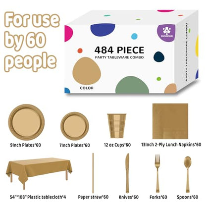 484 Pcs Plastic Dinnerware Set Includes 60 Of Each 9" Dinner Plates |7" Dessert Plates|12 oz Plastic Cups | Napkins|Straws|Spoons, Forks & Knives (Gold, 60 Guests)
