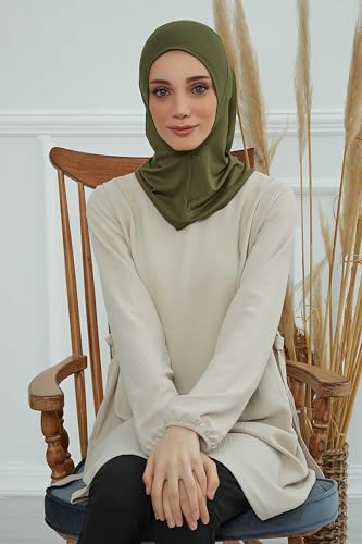 Aisha's Design Instant Turban 95% Cotton Head Scarf Headwear Combed Cotton Ninja Cap, Slip on Jersey Hijab - color: Olive Green