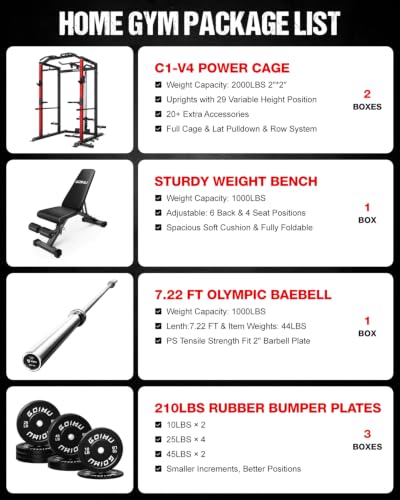 C1-V4 Power Cage, 2000LBS Squat Rack with LAT Pulldown, Multi-Function Weight Cage Strength Training Machine, Workout Cage with More Attachments for Home Gym Garage - style: 210LBS RD Home Gym Packages