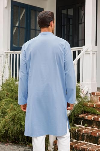 Runcati Mens Kaftan Thobe Button Down Casual Henley Shirts Long Sleeve Robe Cotton Linen Muslim Gown Shirt - color: Sky Blue, size: Small
