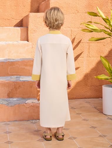 IWEMEK Kids Thobe for Muslim Boys Robe Eid Ramadan Kaftan Dubai Islamic Prayer Clothes Arabic Abaya Ethnic Dress with Pockets - color: Apricot, size: 9-10 Years