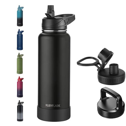 RUBYFLASK 40 oz Insulated Stainless Steel Water Bottle with Straw | 3 Lids, Wide Mouth, Metal Vacuum Leakproof Water Jug Flask and Handle, Large Thermal Cup with Silicone Boot, Black - color: Black, size: 40 Ounces