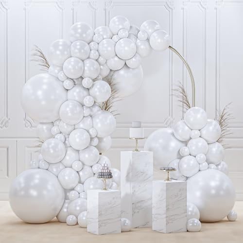 PartyWoo Pearl White Balloons 145pcs Different Sizes Pack of 18 12 10 5 Inch Metallic White Latex Balloon Arch Kit Garland for Wedding Graduation Baby Shower Birthday Party Decorations White-Z30 - color: White-z30