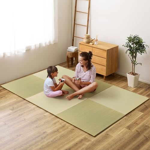 HAGiHARA Japanese Tatami Mat, Patchwork Tatami Floor Mats, 96" x 64" Foldable Square with Non-Slip Design for Bedroom, Crawling and Yoga, Made of Rush Grass, Igusa(Without Edge/6 Picecs) - size: 6pieces