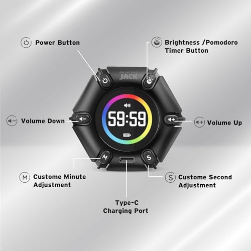 Jack Pomodoro Timer - Productivity Cube, Visual Focus Timer, Mute & Vibration & Adjustable Sound Alert, for Office, ADHD, Study, Work, 3/5/10/25/30/60min & Custom Countdown - Black - color: Real Black