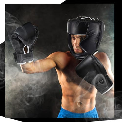 Kanayu 14 Pcs Boxing Gloves and Headgear Set for Beginners Youth 16 Ounce Boxing Gloves Headgear Helmet Hand Wraps Mouth Guards Equipment for Beginners Training Equipment Gifts - color: Black