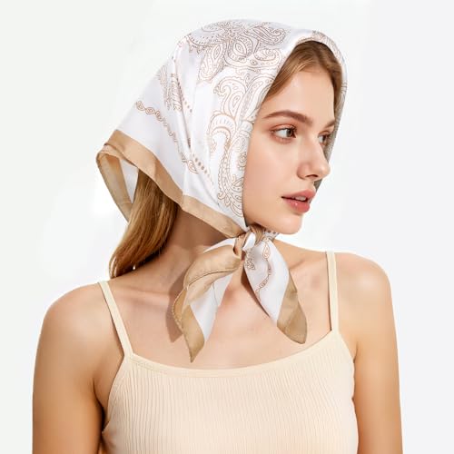 27" Head Scarf Like Satin Silk for Women,Hair Scarves Bandana,Headband Silk Feeling for Hair Wrap - color: White Gold