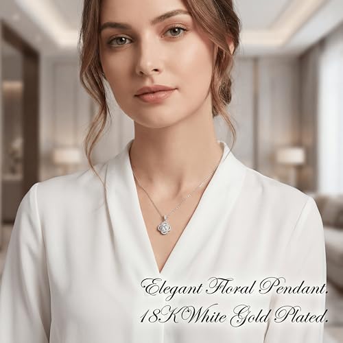 Necklaces for Women - Sparkling Flower Pendant Necklace, 18K Gold Plated Chain, Sunflower Clover Jewelry for Wedding Party, 16+2 Inch - color: Silver