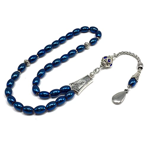 -Gentle Men Collection- Prayer Beads-Worry Beads-Tesbih-Tasbih-Tasbeeh-Misbaha-Masbaha-Subha-Sebha-Rosary (Non-Magnetic Blue Drum Hematite -6x9 mm- 33 Beads) - color: Non-Magnetic Blue Drum Hematite -6x9 mm- 33 Beads