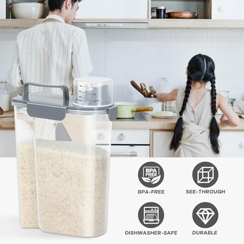 Airtight 10 Lbs Rice Storage Container Pet Dog Cat Food Holder 5 Lbs - Grey | Portable Bird Seed Dispenser Cat Food Containers with Large Pour Spout for Travel Cereal Oatmeal Holder with Measuring Cup - color: Grey-10L