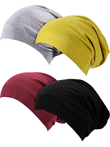 SATINIOR 4 Pieces Satin Lined Sleep Cap Silk Bonnet for Sleeping Women, Silk Hair Wrap Slouch Beanie Hat - color: Black, Wine Red, Grey, Yellow