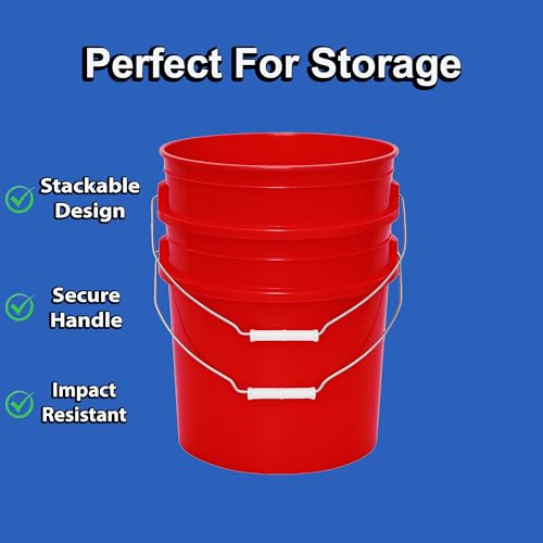5-Gallon Bucket with Airtight Lid – Made in USA, Food Grade BPA Free Plastic, Heavy Duty Multi-Use, Metal Handle with Grip, Stackable Storage – Red, 3 Pack - color: Red, size: 3