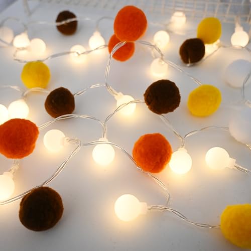 ChiRee Pom Poms 요정 조명 실내 스트링 조명 1.9m(6.56피트) 20 LED 배터리 작동 스트링 볼 조명 따뜻한 화이트 글로브 조명 다채로운 장식 조명 가정 침실 어린이 놀이집 휴일 크리스마스 - color: 주황색.