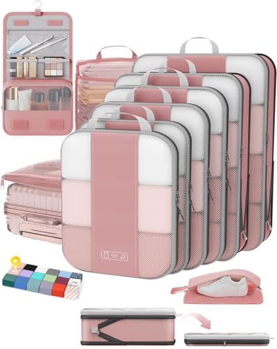 OlarHike 10 Set Compression Packing Cubes for Travel Essentials,Compressible Expandable Space Saver Bags for Organizing Clothes,Luggage Suitcase Garment Bags with Over 1000 pcs Mesh Holes(Light Coral) - color: Light Coral