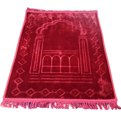 Thick Flannel Muslim Prayer Rug Embossed Turkish Prayer Carpet Islam Prayer Mat Rosary Beads for Men Women Islamic Janamaz Great Ramadan Eid Gift Elegant Sajadah with Tassel Salat Rug 80x120cm - color: Red