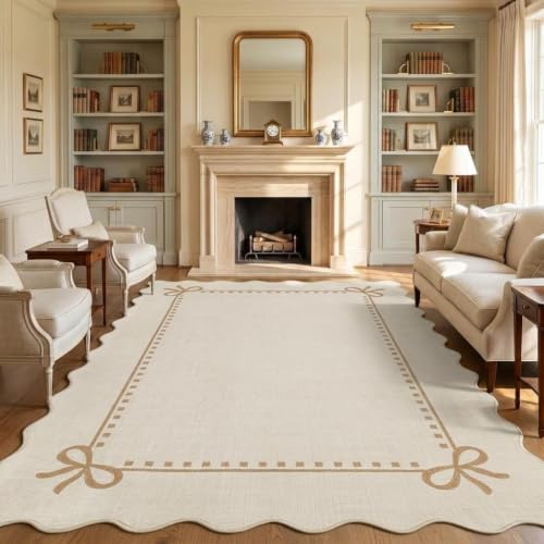 Garvee Scalloped Bow Rug for Living Room Washable Solid Beige 5x7 Area Rugs - color: Beige, size: 5' x 7' (Rectangular)