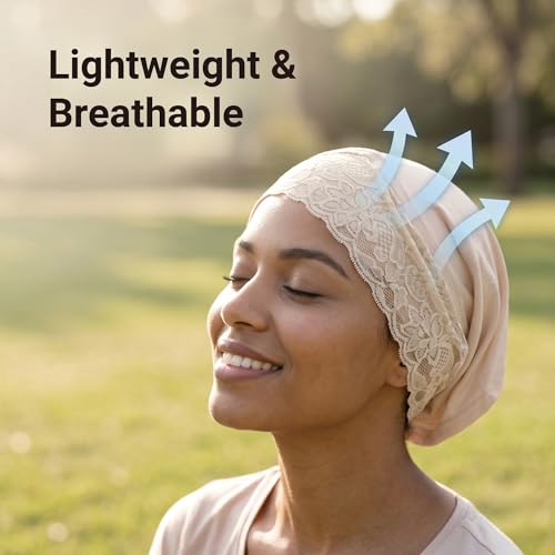 ZLYC Hijab Cap for Muslim Women Soft Stretchy Open-Back Underscarf Hat Breathable Inner Hijab Undercap - color: Lace Beige