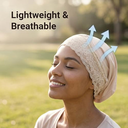 ZLYC Hijab Cap for Muslim Women Soft Stretchy Open-Back Underscarf Hat Breathable Inner Hijab Undercap - color: Lace Beige