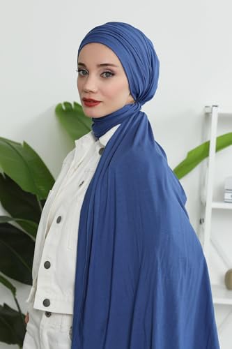 Aisha's Design Instant Hijab Scarves for Women, 95% Cotton Pretied Bonnet Turban Easy to Wear Cotton Headscarf - color: Indigo