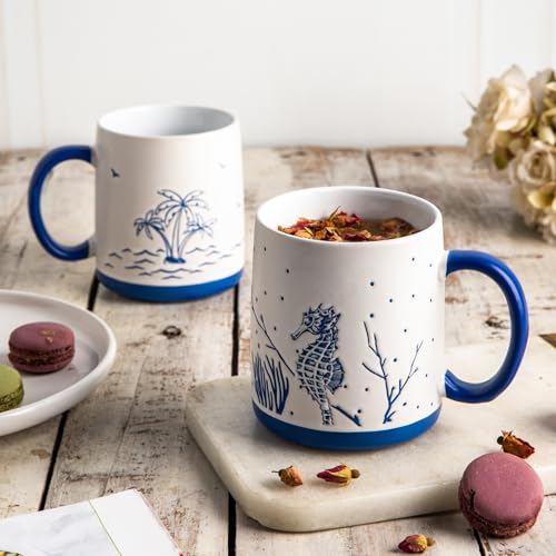 AmorArc Large Coffee Mugs Set of 6, 18oz Ceramic Coffee Cups with Sea Life Textured Patterns for Tea Latte Cocoa. Easy to Hold&Clean, Dishwasher&Microwave Safe, Matt White - color: Matte White