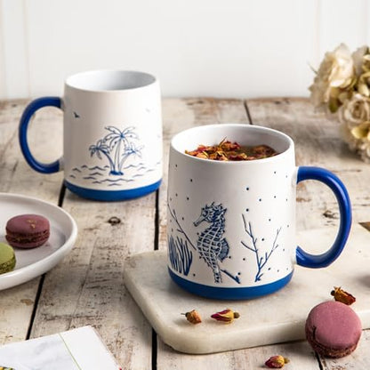 AmorArc Large Coffee Mugs Set of 6, 18oz Ceramic Coffee Cups with Sea Life Textured Patterns for Tea Latte Cocoa. Easy to Hold&Clean, Dishwasher&Microwave Safe, Matt White - color: Matte White