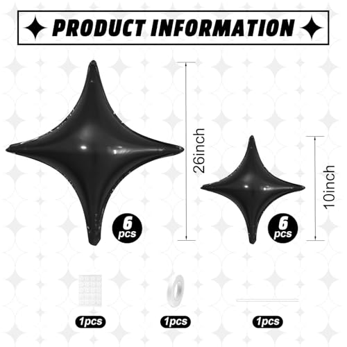 Black Star Balloons,12Pcs Four Angle Star Foil Balloons - color: Black