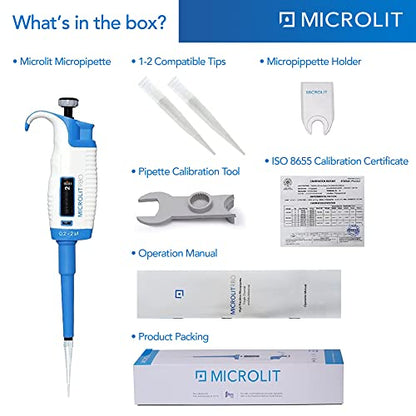 MICROLIT - Single-Channel Pipettes with Adjustable Volume, Accurate and Calibrated Micropipette for 0.2-2ul Liquid Capacity, Compatible with 10ul Pipette Tips - size: 0.2-2ul, style: Single-Channel