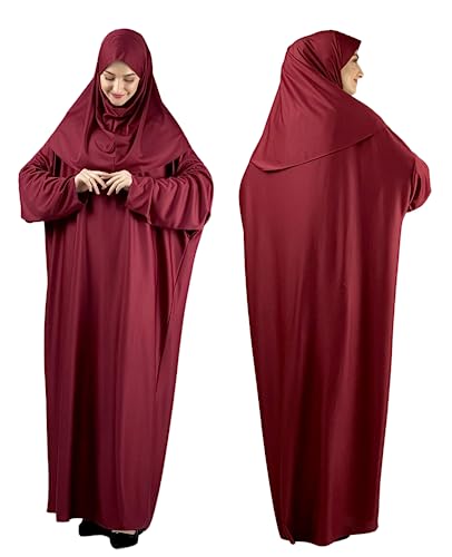 Women Prayer Clothes with Hijab Muslim Outfits Long Robe Abaya Turkish Islamic Dresses Dubai Kaftan with Rosary - color: Burgundy