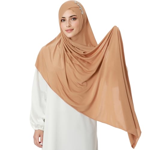 khalat Instant Hijab 여성용 무슬림 샤이니 라인스톤 데일리 스카프 부드럽고 신축성 있는 단색 이슬람 기도 히잡 - color: 카키