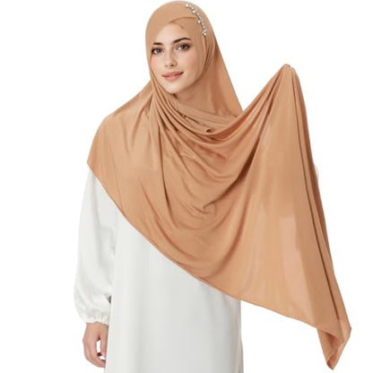 khalat Instant Hijab 여성용 무슬림 샤이니 라인스톤 데일리 스카프 부드럽고 신축성 있는 단색 이슬람 기도 히잡 - color: 카키