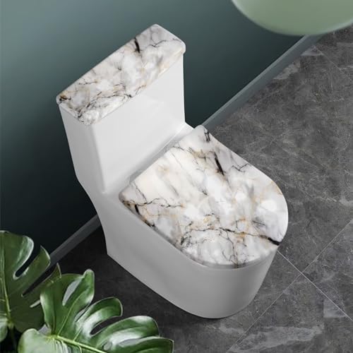 White Marble Print Toilet Lid Cover & Toilet Tank Lid Pads Bathroom Stretch Washable Toilet Lid Seat Protector Cover with Elastic Bottom - color: White Marble