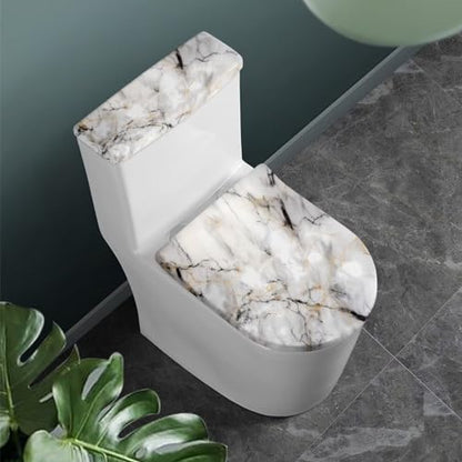 White Marble Print Toilet Lid Cover & Toilet Tank Lid Pads Bathroom Stretch Washable Toilet Lid Seat Protector Cover with Elastic Bottom - color: White Marble