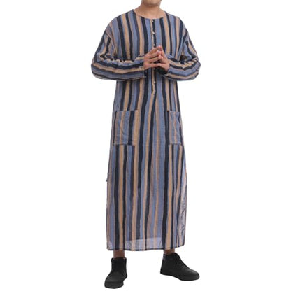 IWEMEK Muslim Thobe for Men Striped Kaftan Thobe with Pockets Saudi Arabic Robe Button up Dubai Abaya Caftan Ramadan Clothes - color: Blue, size: Medium