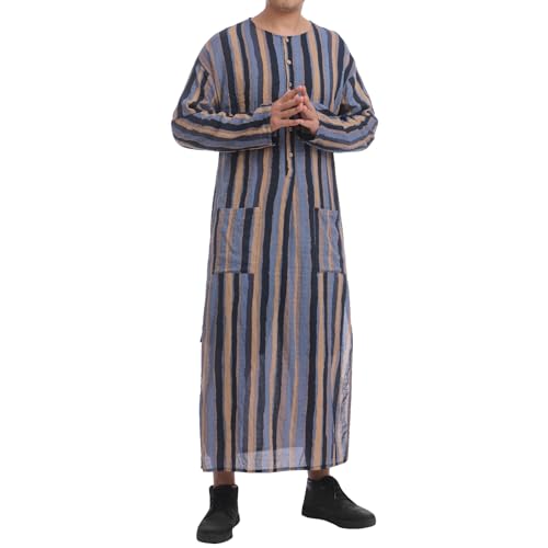 IWEMEK Muslim Thobe for Men Striped Kaftan Thobe with Pockets Saudi Arabic Robe Button up Dubai Abaya Caftan Ramadan Clothes - color: Blue, size: X-Large