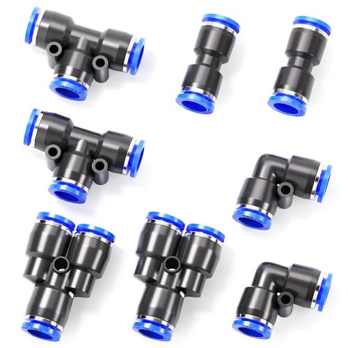 TAILONZ PNEUMATIC 1/4 Inch od Push to Connect Fittings Pneumatic Fittings Kit 2 Spliters+2 Elbows+2 tee+2 Straight (8 pcs) - color: Blue, size: 1/4"OD/8PCS