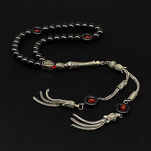 Design - Long & Stylist Tassels Worry Beads-Prayer Beads-Tesbih-Tasbih-Tasbeeh-Misbaha-Subha-Sebha-Sibha-Rosary (Hematite & Red Agate -8 mm-33 Beads & Bracelet) - color: Hematite & Red Agate -8 mm-33 Beads & Bracelet