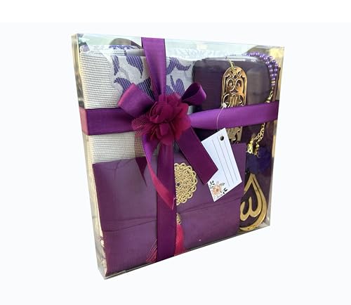 SAIKA Muslim Prayer Rug, 7 in One Gift Set, Prayer Mat Surah Book, Tasbeeh, Scarf, Surah Case, Bookmark, Car Mirror Hanger, Prayer Beads,Islamic Gift for Umrah, Hajj, Wedding, Janamaz (Purple) - color: Purple