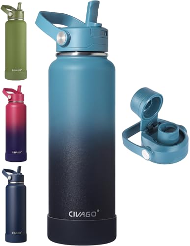 CIVAGO 40 oz Insulated Stainless Steel Water Bottle with Detachable Straw, Large Metal Water Jug with Bucket Handle, Leakproof Sports Water Flask with Silicone Boot, Dishwasher Safe, Indigo Black - color: .Indigo Black, size: 40 Ounces