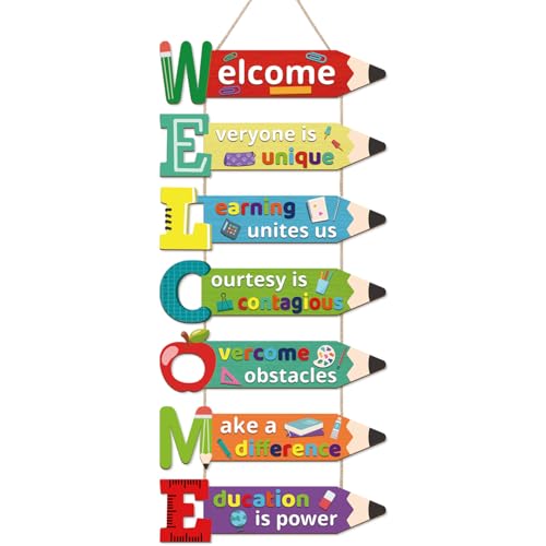 HPNIUB Welcome Classroom Door Sign, Pencil Motivational Quote Decorations with Apple Ruler Cartoon, Colorful First Day of School Wooden Hanging Sign for Preschool Middle School Classroom Kindergarten - size: Welcome Classroom
