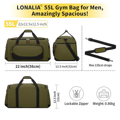 55L Large Sports Duffle Bag for Men, 22 Inch, Olive Green | Heavy Duty, Gym Duffel Bag, Multi Pockets, Spacious - color: Olive Green