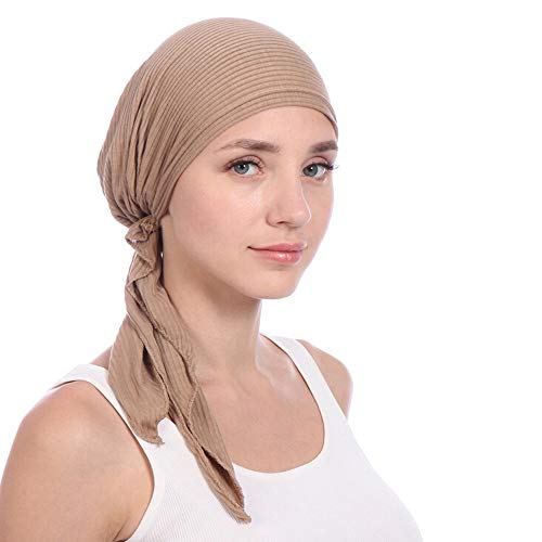 Instant Hijab Solid Beaded Long Tail Turban Wrap Cap Soft Stretchy Breathable Muslim Hair Baseball Hat - color: 04#_khaki