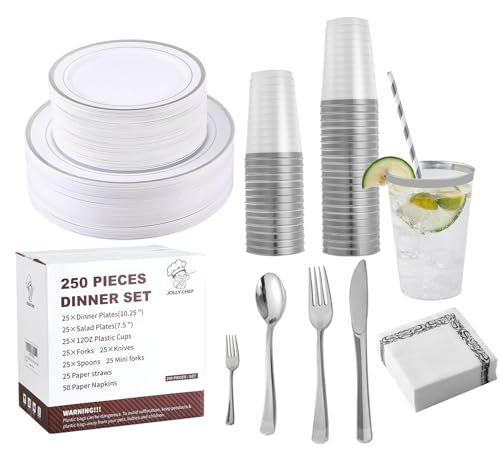 JOLLY CHEF 25 Guests Plastic Plates Set With Silver Rim Elegant Cutlery set - color: SILVER-250pack