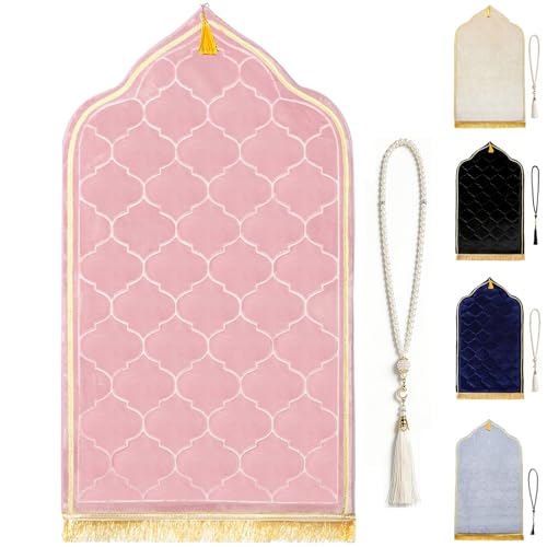 Muslim Prayer Rug with Tasbih Prayer Beads, Extra Thick Padded Non-Slip Islamic Prayer Matt,Turkish Praying Carpet Ottoman Blankets Ramadan Gift for Ramadan, Eid, Hajj, Travel, Pray（Pink） - color: Pink