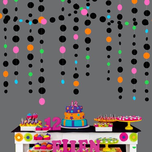 Black and Colorful Circle Dots Hanging Paper Streamer Black Multi-Color Polka Dot Banner for Birthday Bachelorette Wedding Shower Fiesta Disco Halloween Party Decorations Supplies - color: Colorful Black