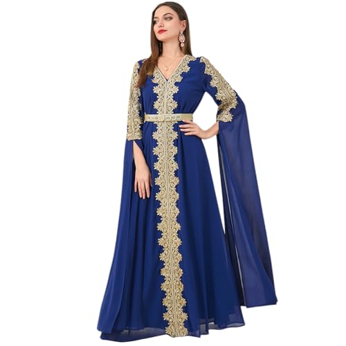 IDOPIP Embroidery Abayas for Women Muslim Moroccan Floral Maxi Kaftan Dress Arabic Islamic Dubai Robe Ramadan Prayer Clothes - color: Dark Blue, size: Large