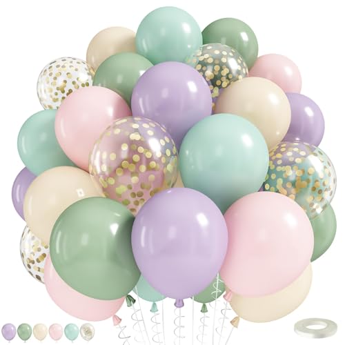 Dusty Green Purple Pink Balloons, 55pcs 12inch Wildflower Balloons Sage Green Pastel Pink Yellow Lavender Gold Confetti Balloon for Floral Baby Shower Wedding Fairy Birthday Spring Party Decorations - color: Purple Green Pink Yellow Gold