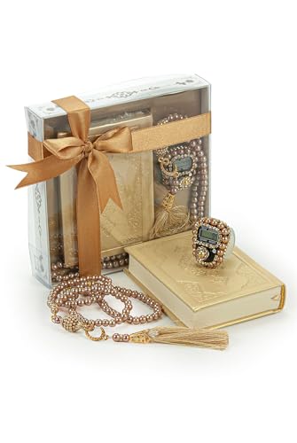 İhvan Online Medina Calligraphy Quran Set with Islamic Finger Counter, Portable Digital Prayer Tasbeeh, Pearl Zikirmatic Beads, 3 Pieces Gift for Ramadan & Eid & Mevlüt, Gold - color: Gold